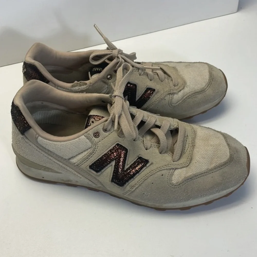 New balance 696 tan suede, herringbone fabric, bronze metallic crackled leather